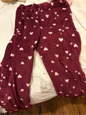 Plush Heart Print Lounge Pants - Burgundy & Light Pink